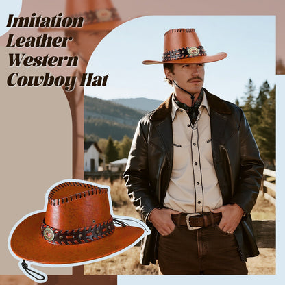 Faux Leather Western Cowboy Hat with Braided Band - Boniskiss