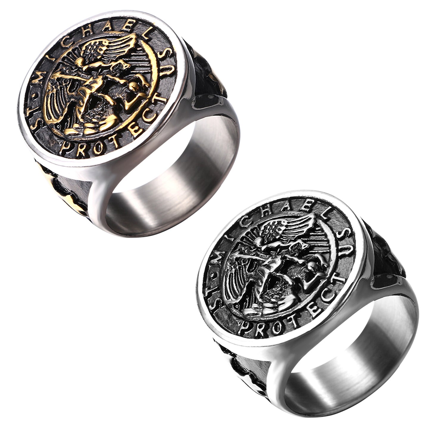 Boniskiss Michael Angel Ring for Men - Religious Amulet Signet Stainless Steel Band Ring