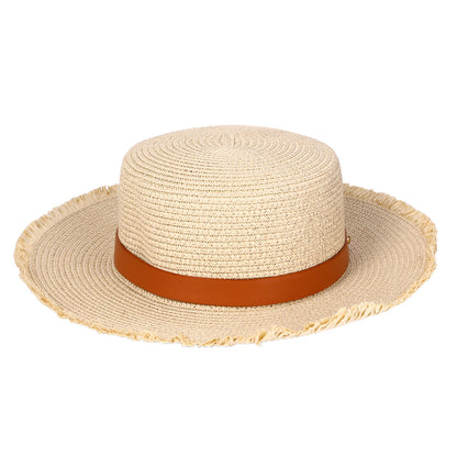 Sombrero de paja con cinturón retro para mujer de Boniskiss - Sombrero Panamá Fedora para el sol en la playa de verano con visera de rafia
