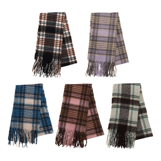 Boniskiss Unisex Fall Winter Faux Cashmere Plaid Scarf with Tassel