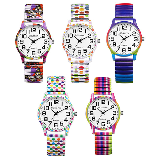 Boniskiss Boho Elastic Band Easy to Read Wrist Watch for Women - Large Dial Arabic Numerals Quartz Wrist Watch