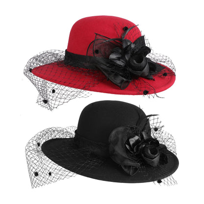 Cloche Veiled Church Felt Hat with Flower Decoration - Boniskiss