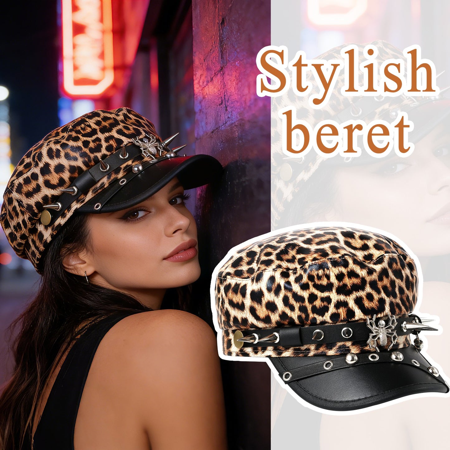 Boniskiss Punk Rivet Army Cap Spike Skull Decor Trendy Street Hat