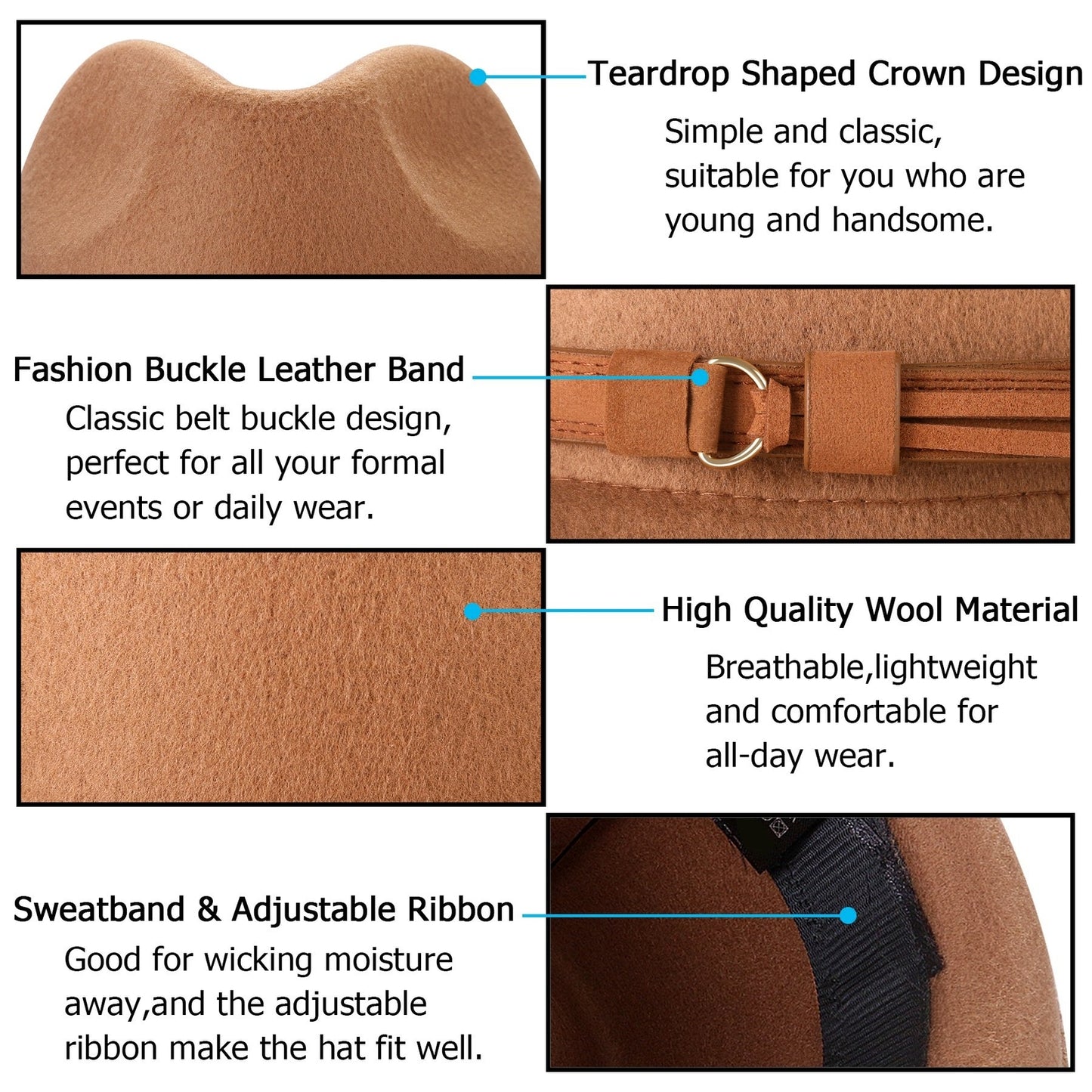 Classic Felt Fedora Hat Trilby Panama Hat Wide Brim with Leather Band - Boniskiss