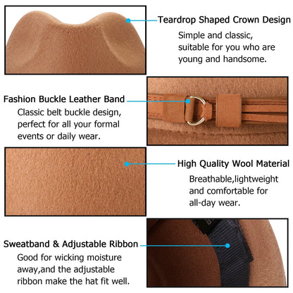 Classic Felt Fedora Hat Trilby Panama Hat Wide Brim with Leather Band - Boniskiss