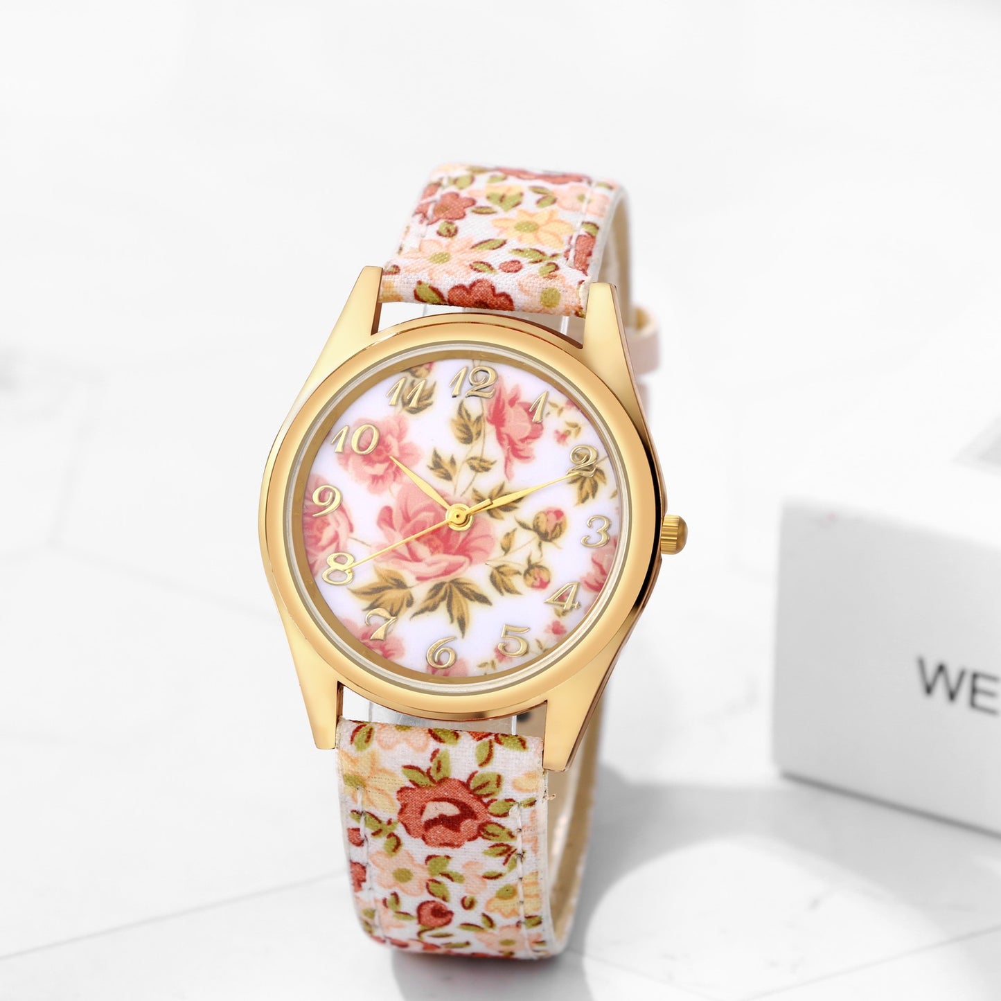 Boniskiss Slim Boho Flower Painting Wrist Watch - Floral Dial PU Band Analog Quartz Wrist Watch