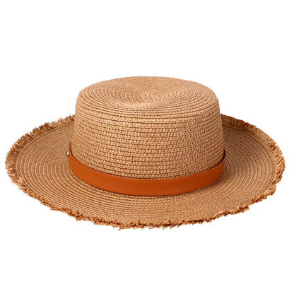 Sombrero de paja con cinturón retro para mujer de Boniskiss - Sombrero Panamá Fedora para el sol en la playa de verano con visera de rafia