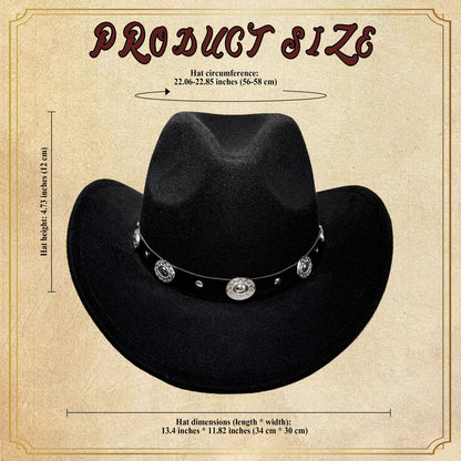 Western Cowboy Hat with Metal Decorative Band Wide Brim Styling Hat - Boniskiss