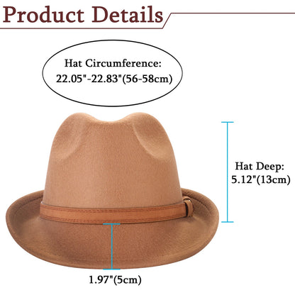 Classic Felt Fedora Hat Trilby Panama Hat Wide Brim with Leather Band - Boniskiss