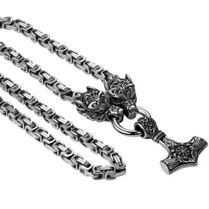 Mens Retro Viking Wolf Head Thor's Hammer Dangle Amulet Byzantine Chain Necklace