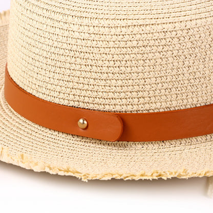 Sombrero de paja con cinturón retro para mujer de Boniskiss - Sombrero Panamá Fedora para el sol en la playa de verano con visera de rafia