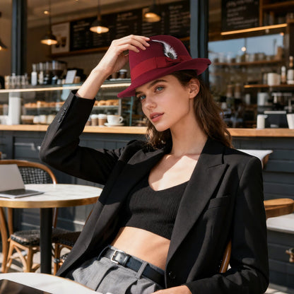 Chapeau Fedora Panama classique à bords courts avec plume - Boniskiss