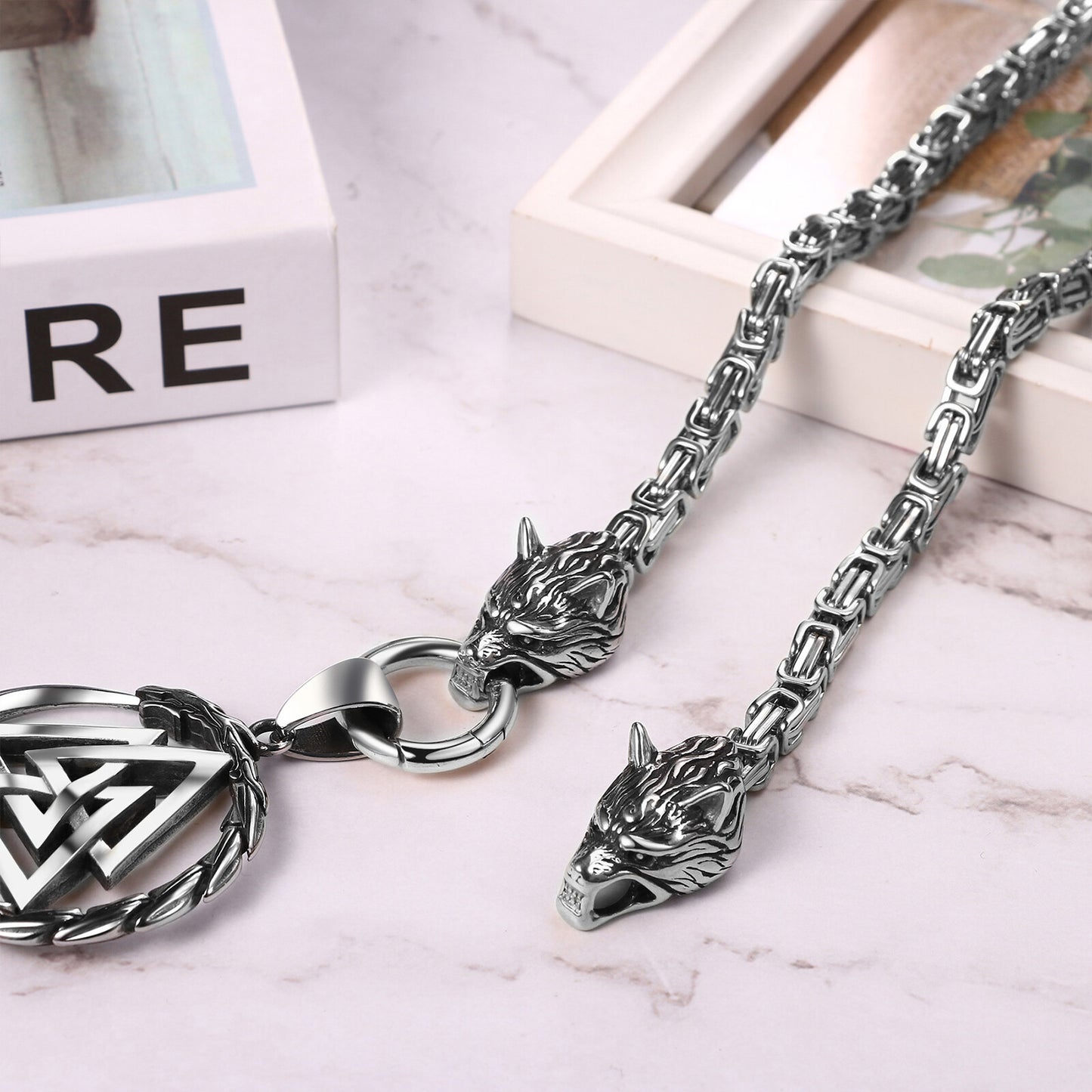 Boniskiss Men's Stainless Steel Vintage Viking Wolf Head Snake Rune Dangle Amulet Necklace