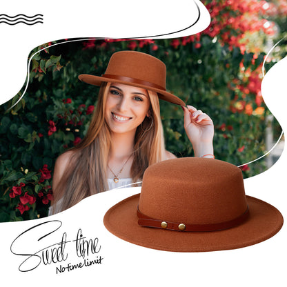 Flat Top Fedora Hat with Detachable Belt - Boniskiss