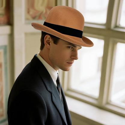 Vintage Elegant Bowler Dome Hat Retro Short Brim Fedora Hat with Hatband - Boniskiss
