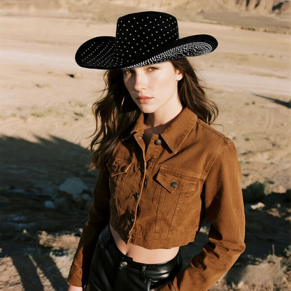 Rhinestone Curved Wide Brim Cowgirl Hat | Size M-L - Boniskiss