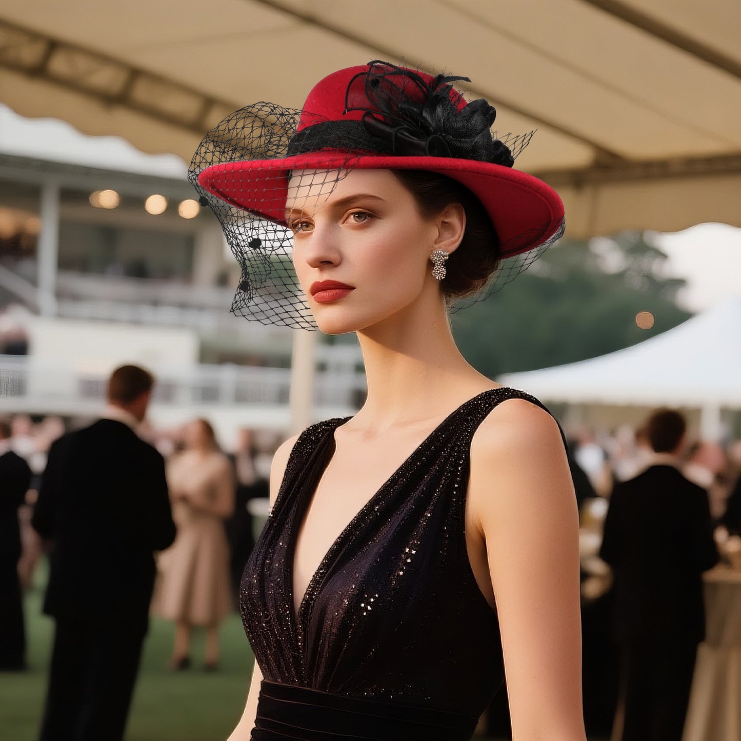 Cloche Veiled Church Felt Hat with Flower Decoration - Boniskiss
