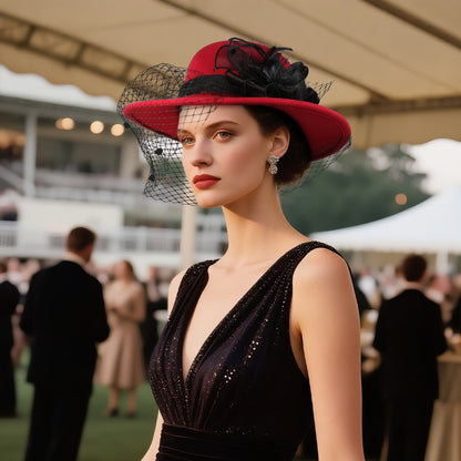 Cloche Veiled Church Felt Hat with Flower Decoration - Boniskiss