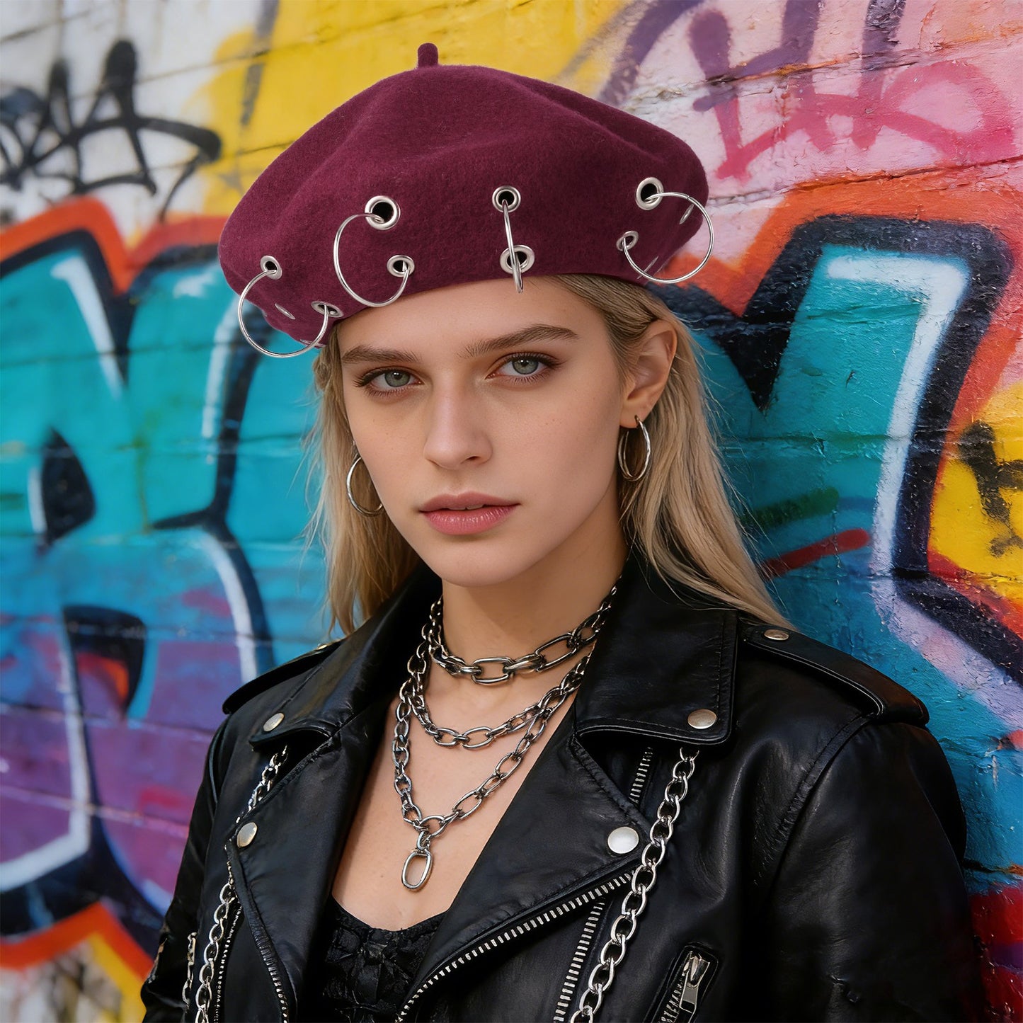 Boniskiss Punk Rock Beret Cap Ring Decor Womens Novelty Street Style