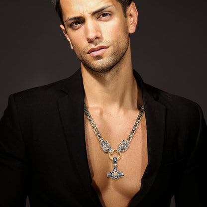 Mens Retro Viking Wolf Head Thor's Hammer Dangle Amulet Byzantine Chain Necklace