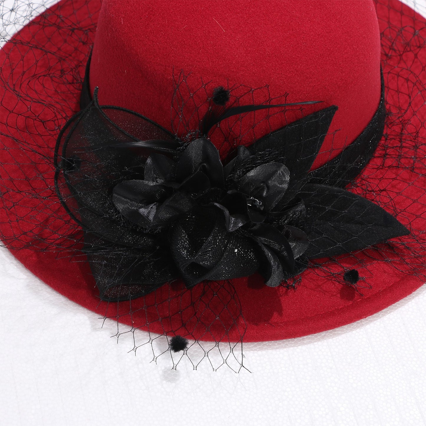 Cloche Veiled Church Felt Hat with Flower Decoration - Boniskiss