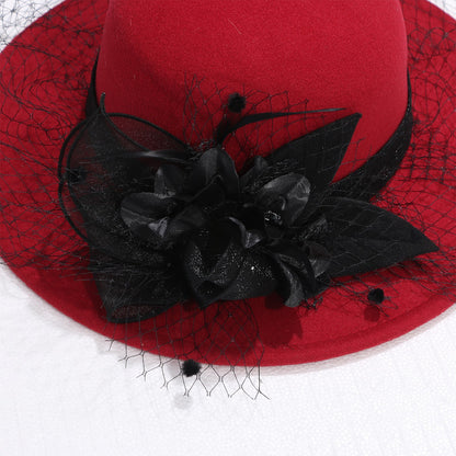 Cloche Veiled Church Felt Hat with Flower Decoration - Boniskiss