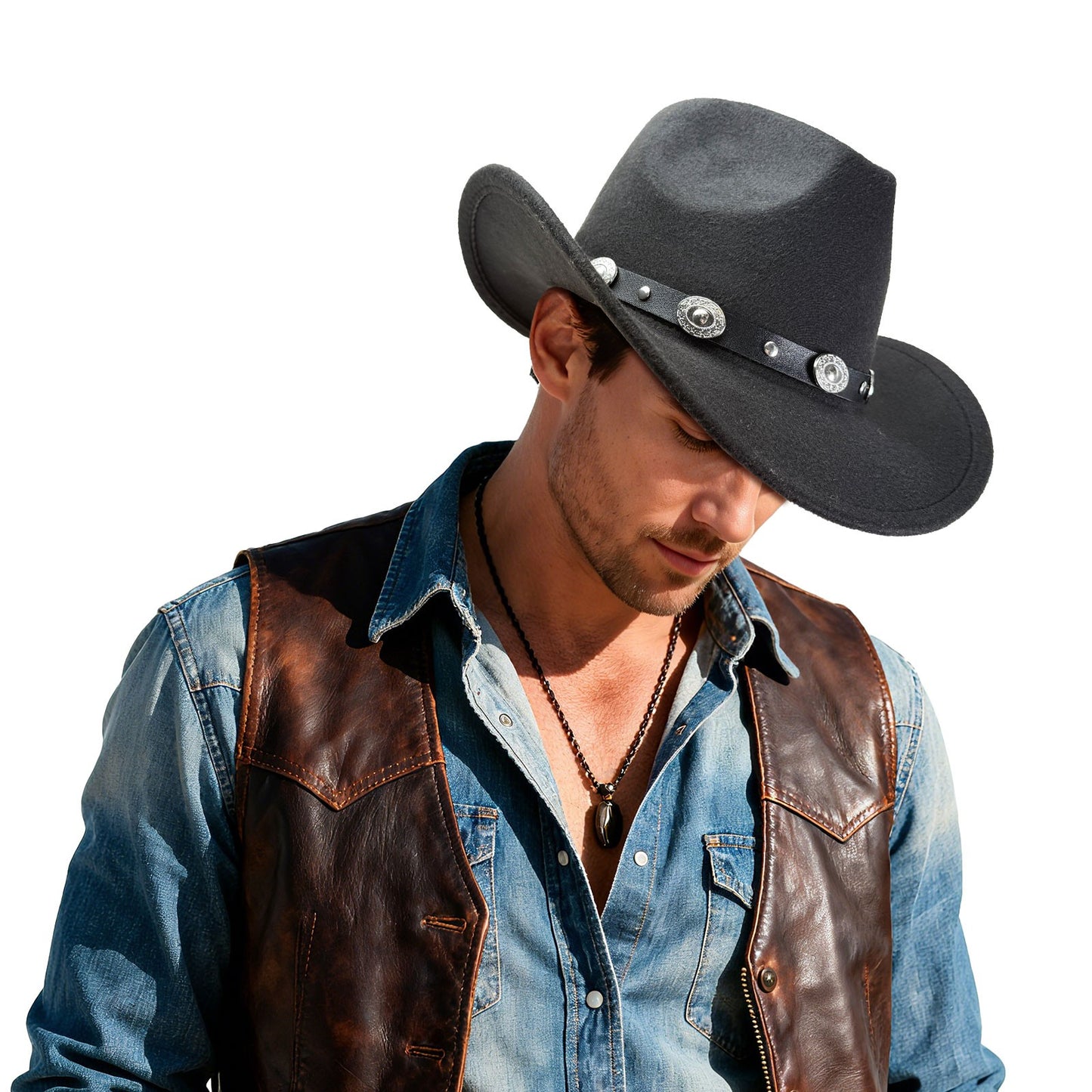 Western Cowboy Hat with Metal Decorative Band Wide Brim Styling Hat - Boniskiss