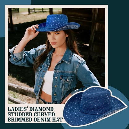 Rhinestone Curved Wide Brim Cowgirl Hat | Size M-L - Boniskiss