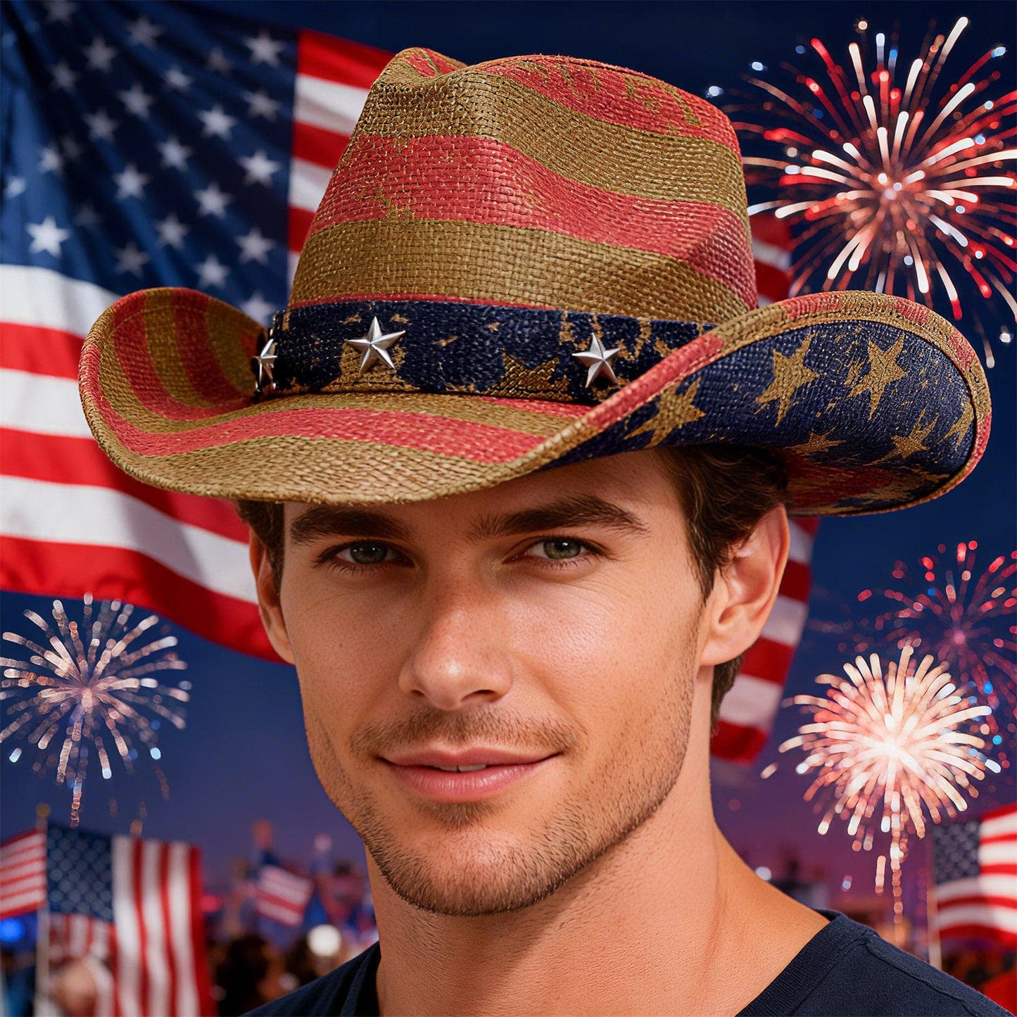 Chapeau de cowboy en paille à drapeau américain, taille ML - Boniskiss