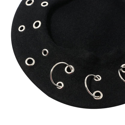Boniskiss Punk Rock Beret Cap Ring Decor Womens Novelty Street Style