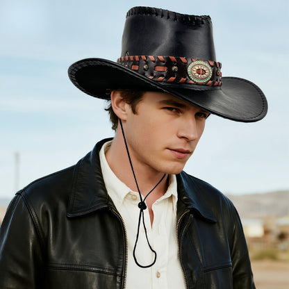 Faux Leather Western Cowboy Hat with Braided Band - Boniskiss