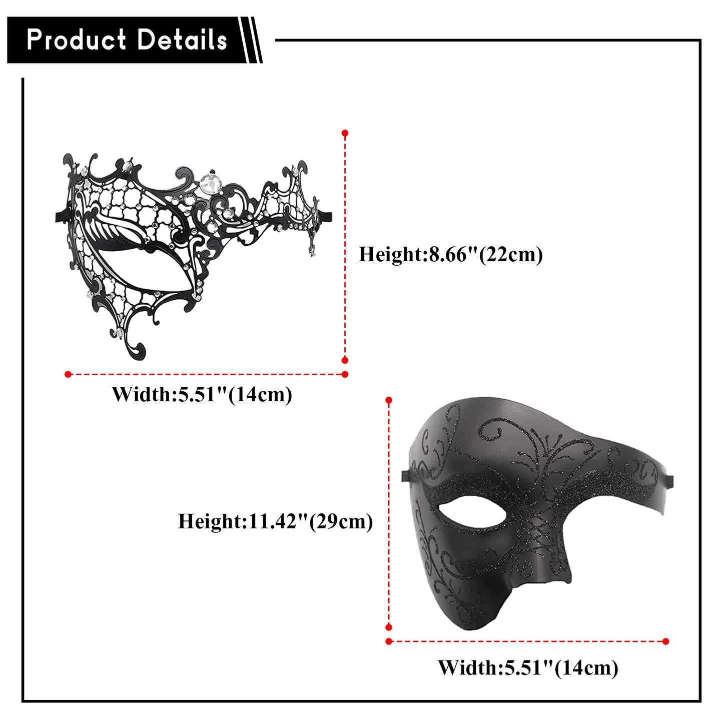Boniskiss Couple's 2pcs Masquerade Ball Masks - Venetian Metal Mardi Gras Half Face Mask