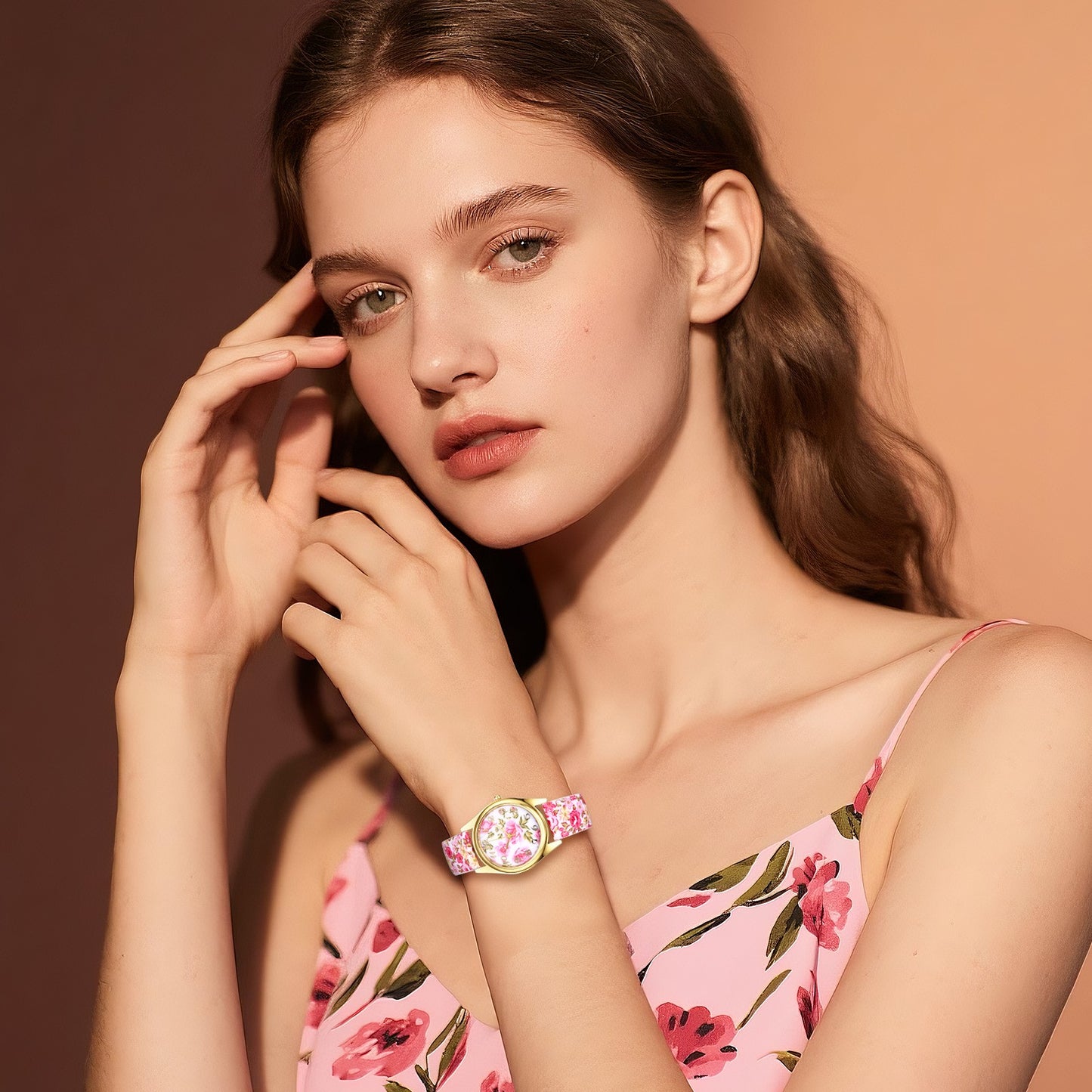 Boniskiss Slim Boho Flower Painting Wrist Watch - Floral Dial PU Band Analog Quartz Wrist Watch