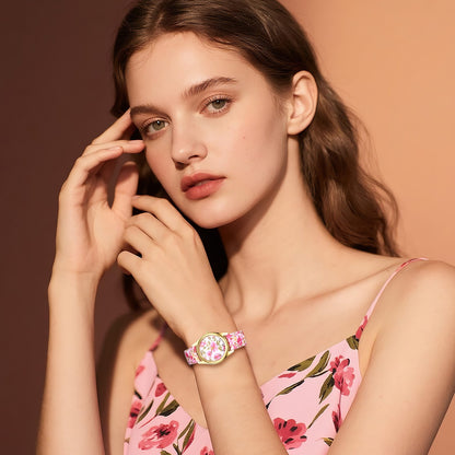 Boniskiss Slim Boho Flower Painting Wrist Watch - Floral Dial PU Band Analog Quartz Wrist Watch