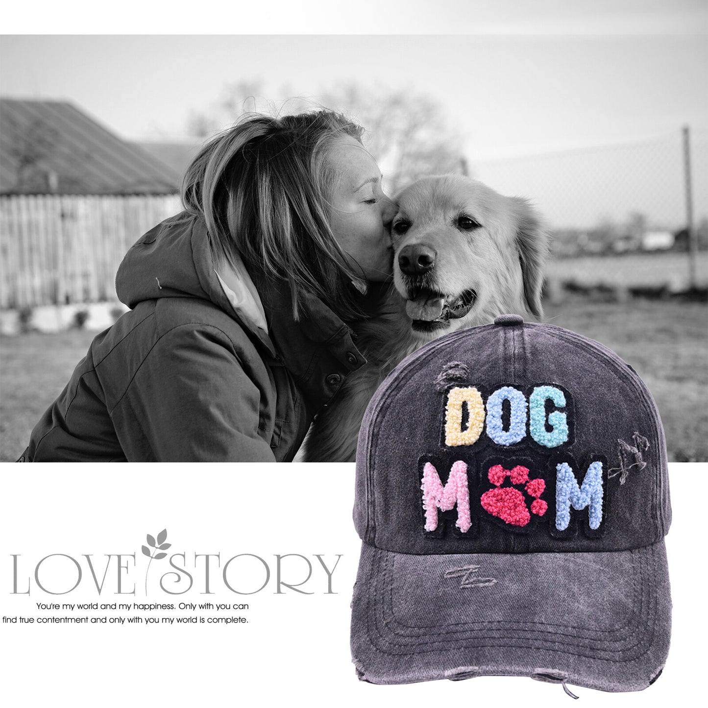 Casquette de baseball en denim délavé brodé, mélange de coton et coton, pour les amoureux des chiens - Boniskiss