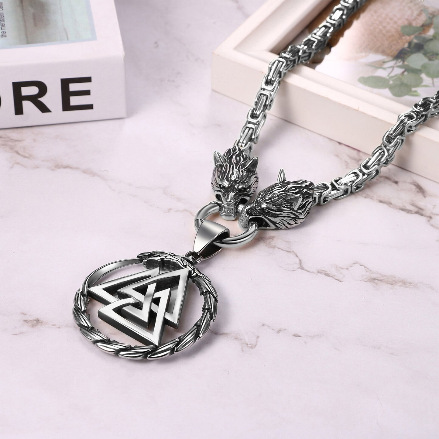 Boniskiss Men's Stainless Steel Vintage Viking Wolf Head Snake Rune Dangle Amulet Necklace