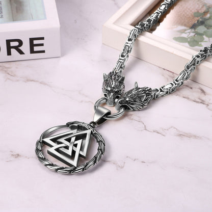 Boniskiss Men's Stainless Steel Vintage Viking Wolf Head Snake Rune Dangle Amulet Necklace