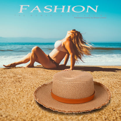 Sombrero de paja con cinturón retro para mujer de Boniskiss - Sombrero Panamá Fedora para el sol en la playa de verano con visera de rafia