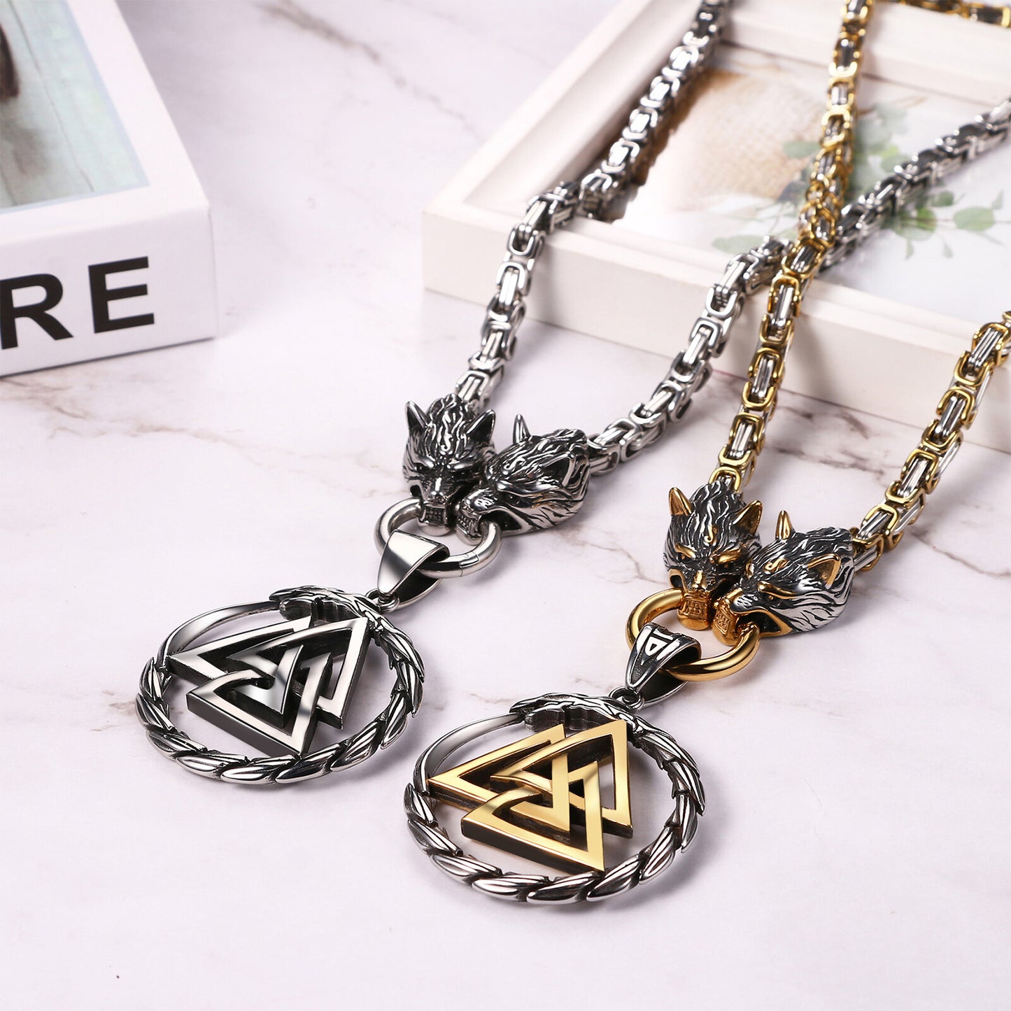 Boniskiss Men's Stainless Steel Vintage Viking Wolf Head Snake Rune Dangle Amulet Necklace