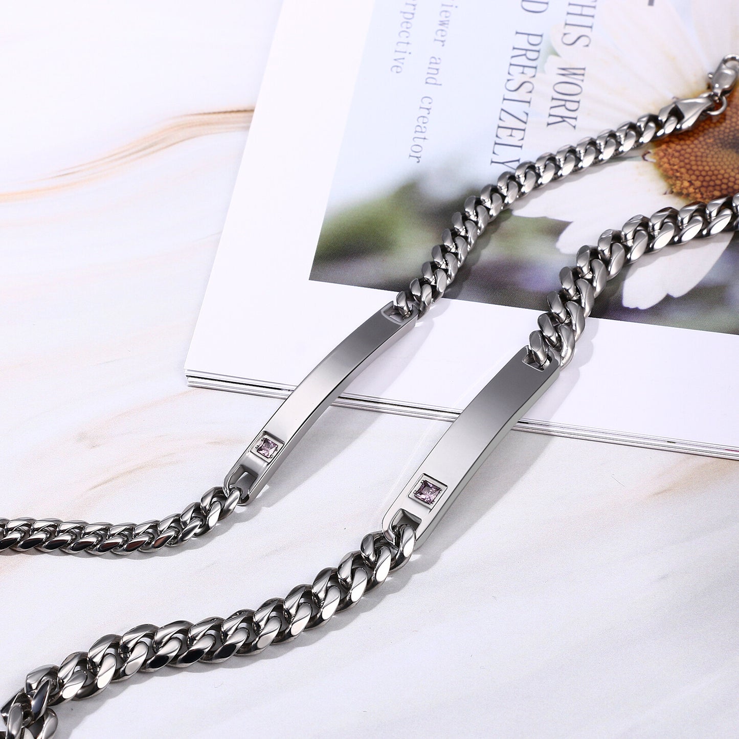 2PCs Couple's Personalized Stainless Steel Cuban Link CZ Bracelet - Boniskiss