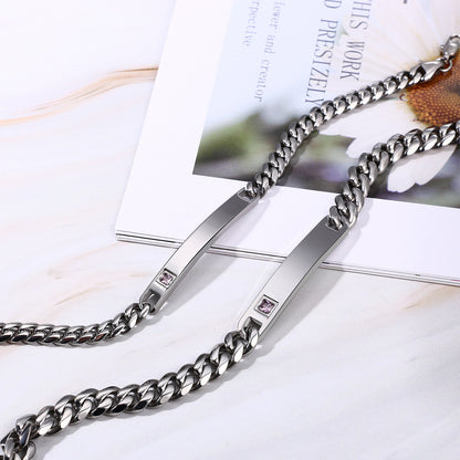 2PCs Couple's Personalized Stainless Steel Cuban Link CZ Bracelet - Boniskiss