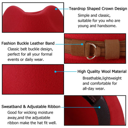 Classic Felt Fedora Hat Trilby Panama Hat Wide Brim with Leather Band - Boniskiss