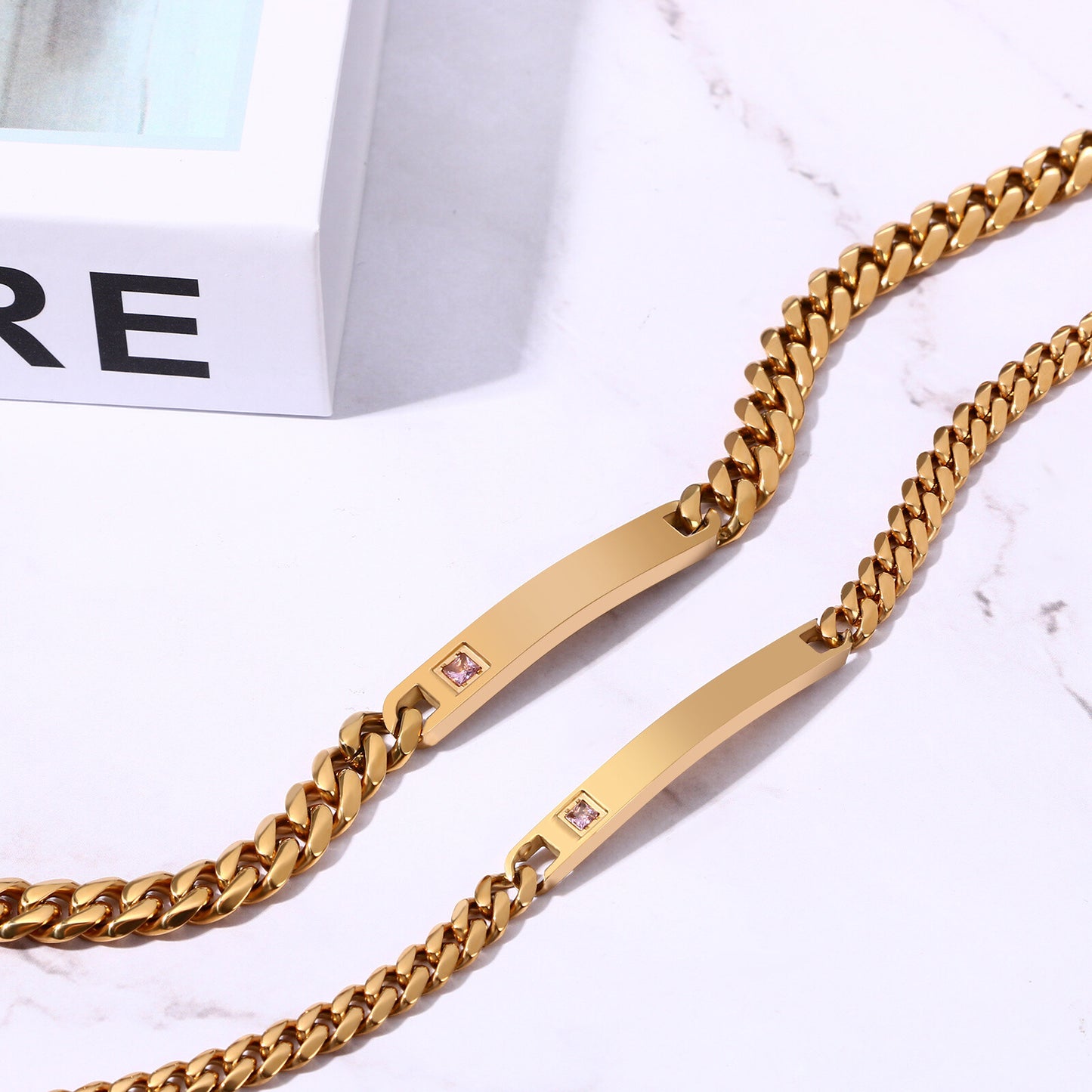 2PCs Couple's Personalized Stainless Steel Cuban Link CZ Bracelet - Boniskiss