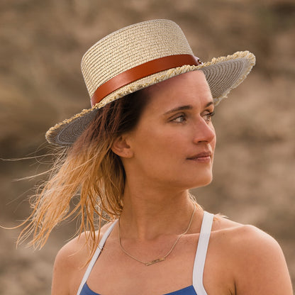 Sombrero de paja con cinturón retro para mujer de Boniskiss - Sombrero Panamá Fedora para el sol en la playa de verano con visera de rafia