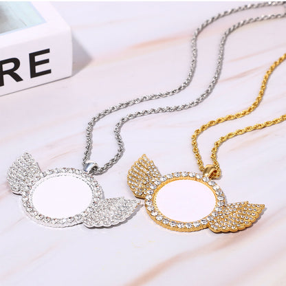 Personalized Photo Shiny CZ Angel Wings Custom Picture Chain Necklace - Boniskiss