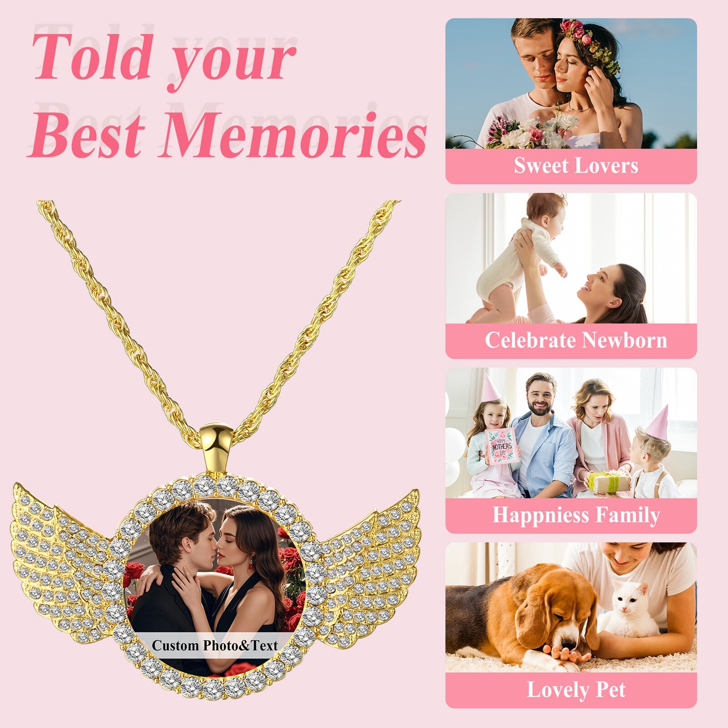 Personalized Photo Shiny CZ Angel Wings Custom Picture Chain Necklace - Boniskiss