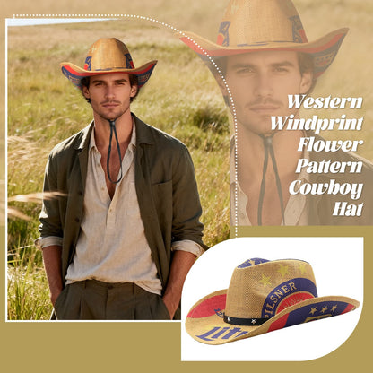 Chapeau de cowboy en paille imprimée à bord incurvé, style western, pour homme - Boniskiss