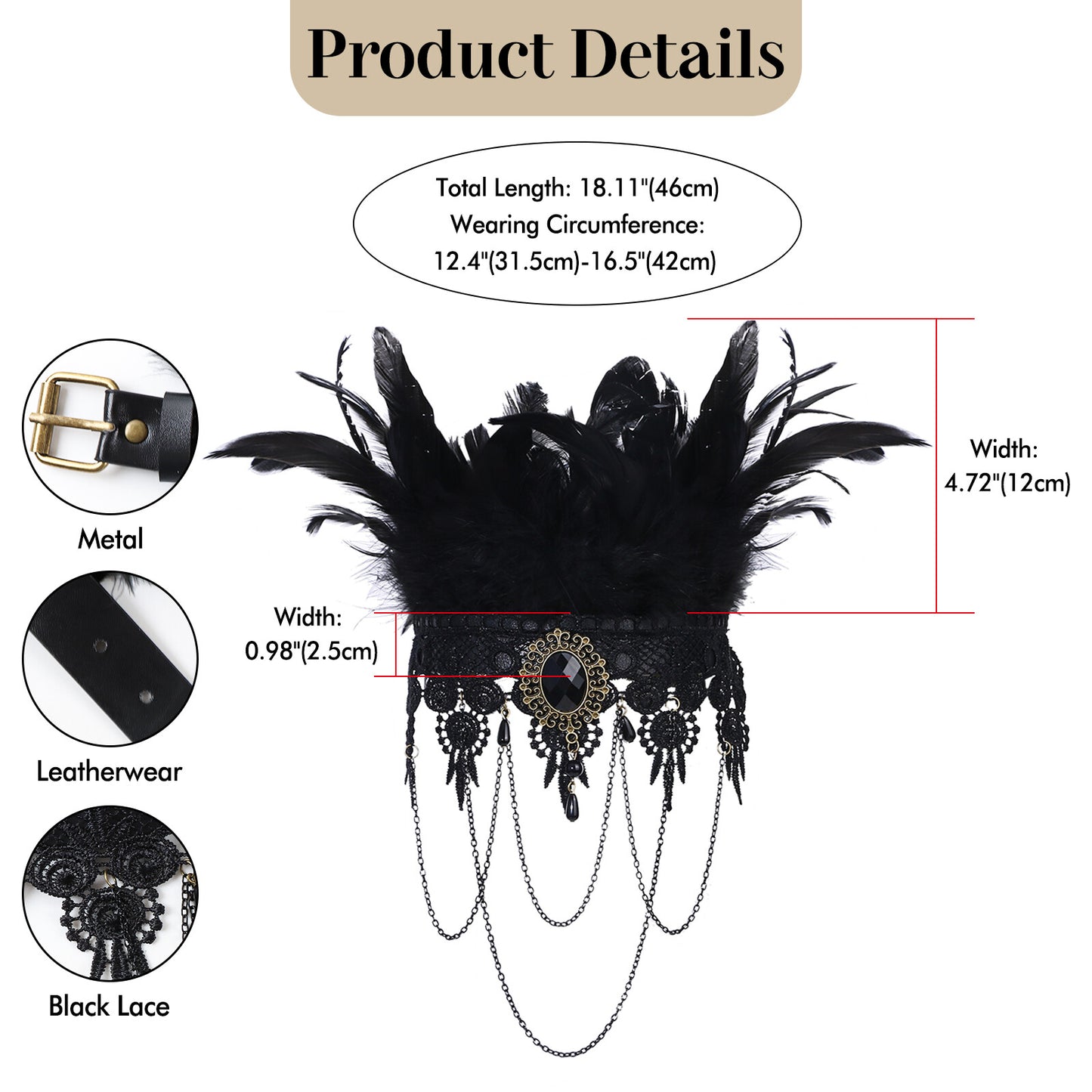 Boniskiss Women's Halloween Masquerade Gothic Lace Feather Tassels Leather Necklace Bracelet