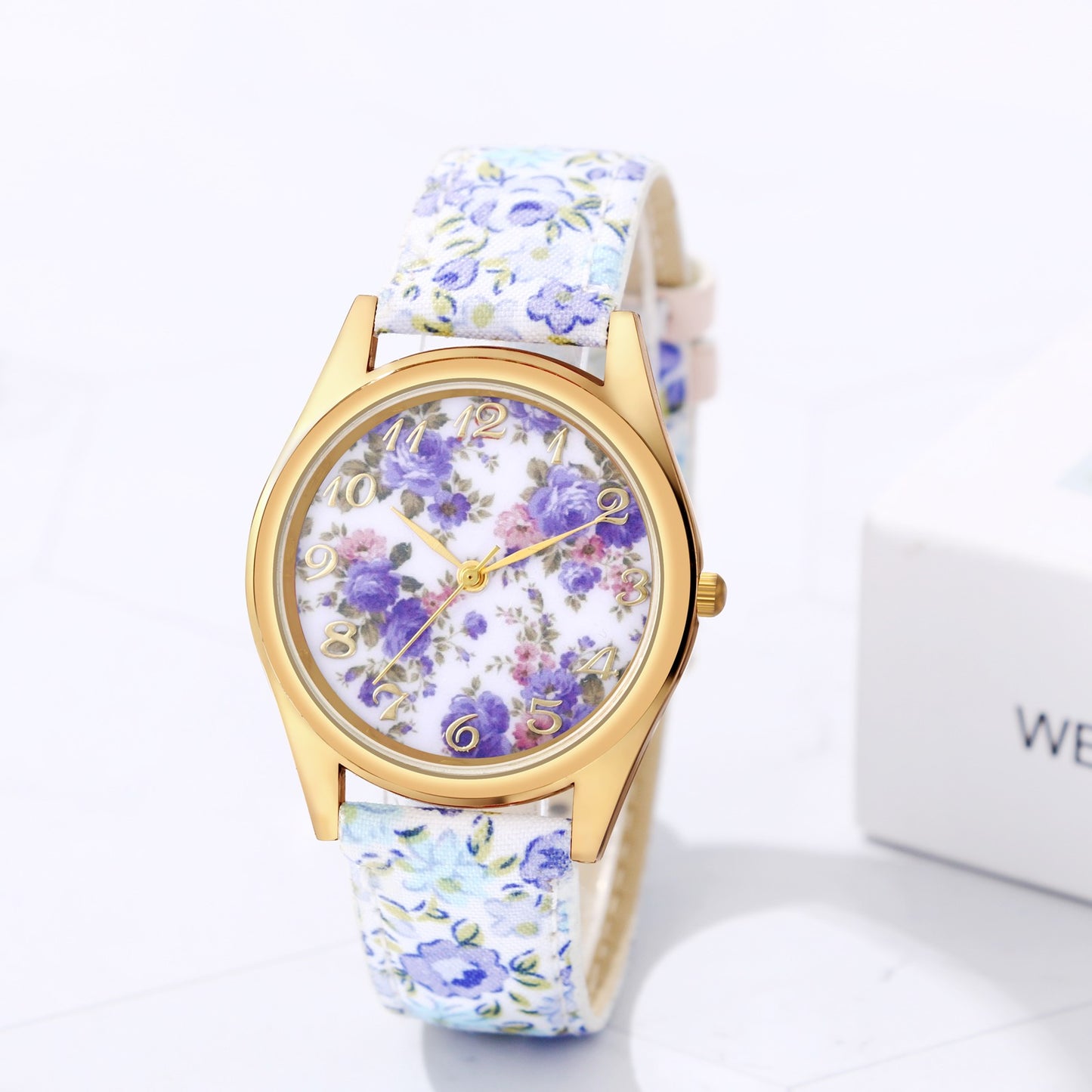 Boniskiss Slim Boho Flower Painting Wrist Watch - Floral Dial PU Band Analog Quartz Wrist Watch
