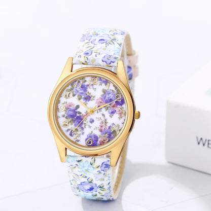 Boniskiss Slim Boho Flower Painting Wrist Watch - Floral Dial PU Band Analog Quartz Wrist Watch